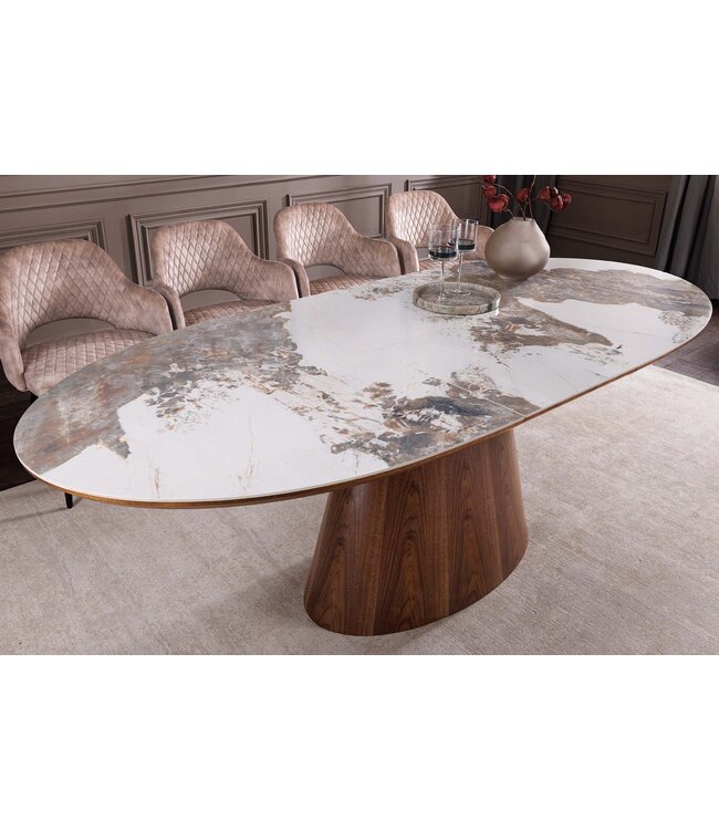 Invicta Interior UNIEKE eettafel 160-200 cm, uitschuifbaar, met keramisch blad in walnoothoutlook en natuursteenlook. - 47676