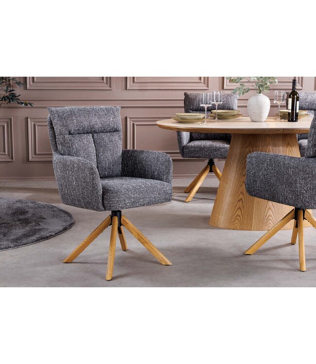 Invicta Interior Draaistoel BIG GEORGE 360° met automatische terugkeerfunctie, getextureerde stof in grijs met eikenhouten frame - 47936