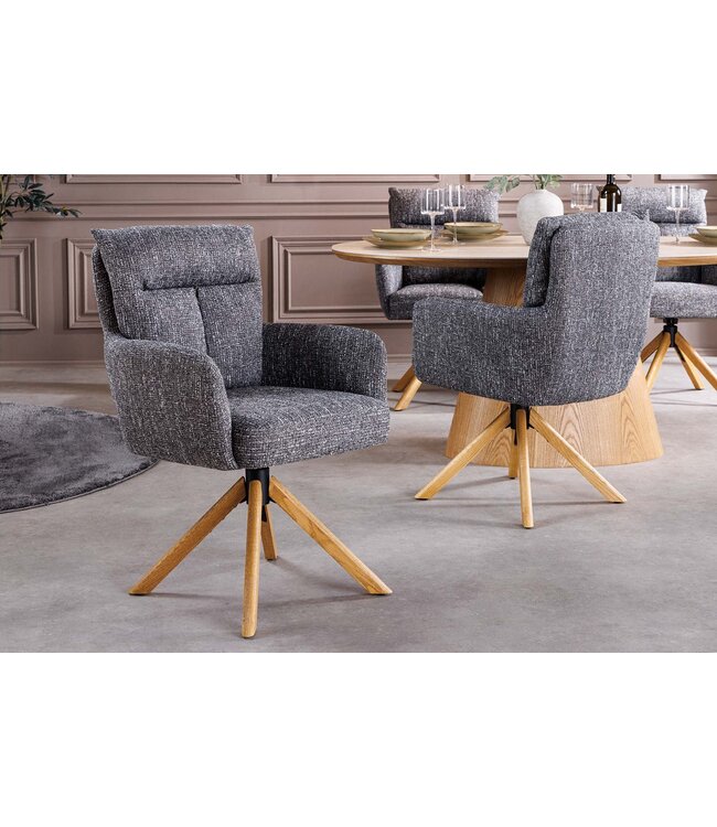 Invicta Interior Draaistoel BIG GEORGE 360° met automatische terugkeerfunctie, getextureerde stof in grijs met eikenhouten frame - 47936