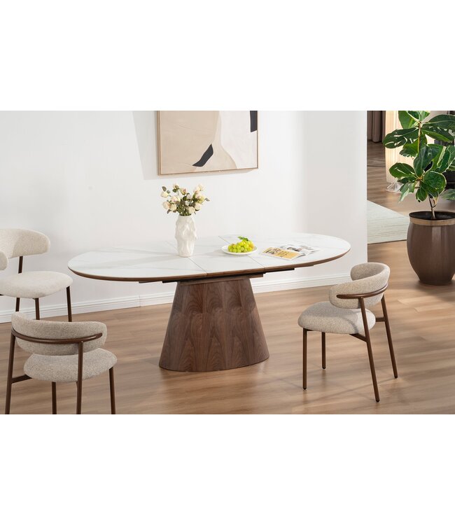 Invicta Interior UNIEKE eettafel 160-200 cm, uitschuifbaar, donker walnoothoutlook, wit keramisch marmeren blad - 47674