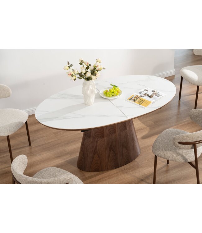 Invicta Interior UNIEKE eettafel 160-200 cm, uitschuifbaar, donker walnoothoutlook, wit keramisch marmeren blad - 47674