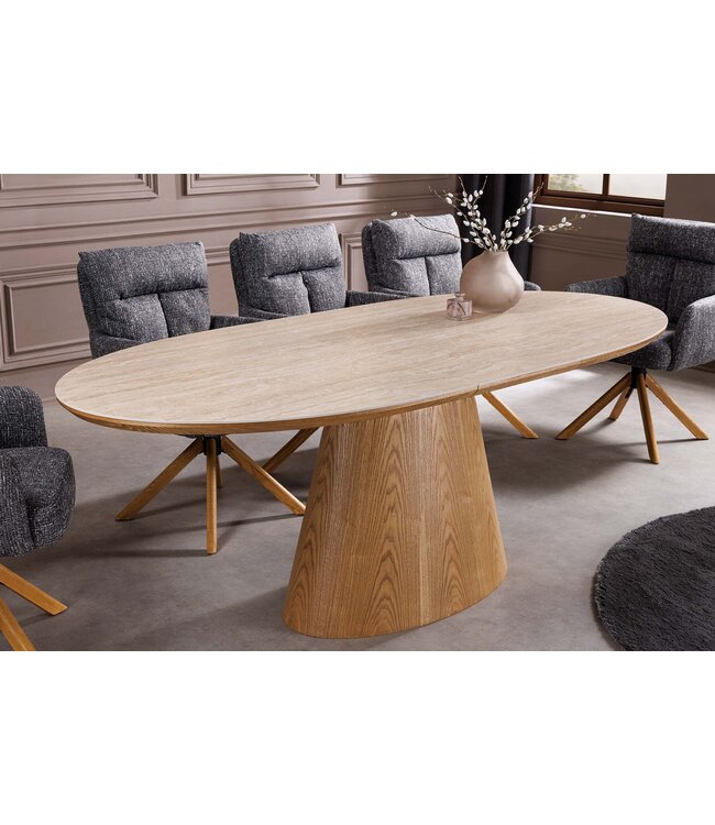 Invicta Interior UNIEKE eettafel 160-200 cm uitschuifbaar eikenhout-look keramisch blad travertin - 47675