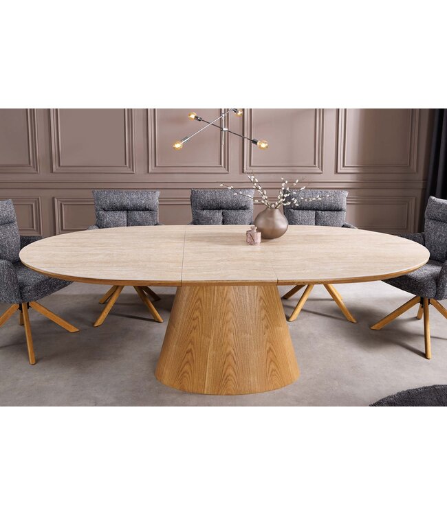 Invicta Interior UNIEKE eettafel 160-200 cm uitschuifbaar eikenhout-look keramisch blad travertin - 47675