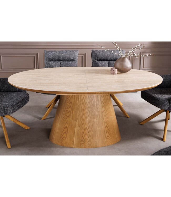 Invicta Interior UNIEKE eettafel 160-200 cm uitschuifbaar eikenhout-look keramisch blad travertin - 47675