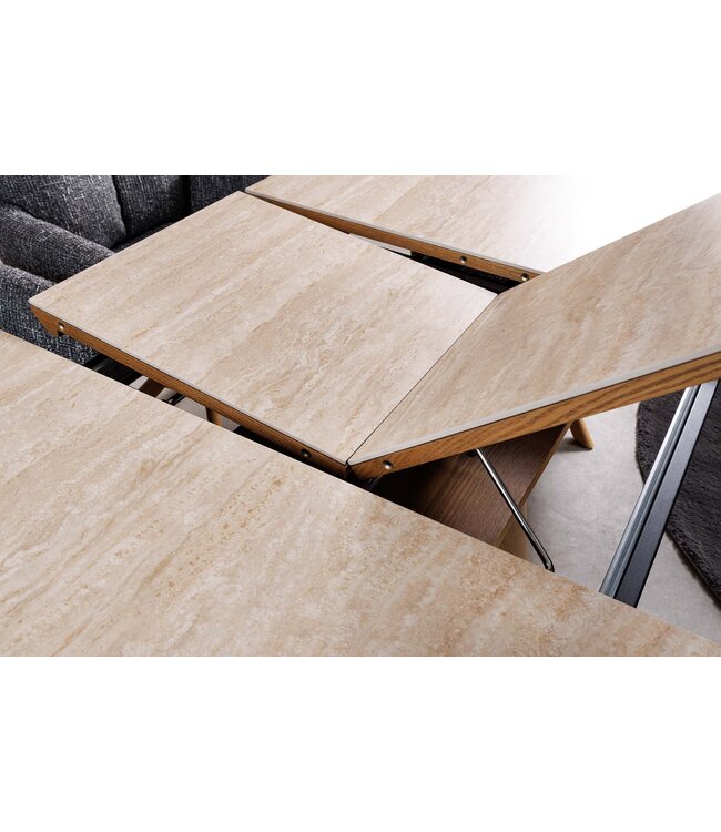 Invicta Interior UNIEKE eettafel 160-200 cm uitschuifbaar eikenhout-look keramisch blad travertin - 47675