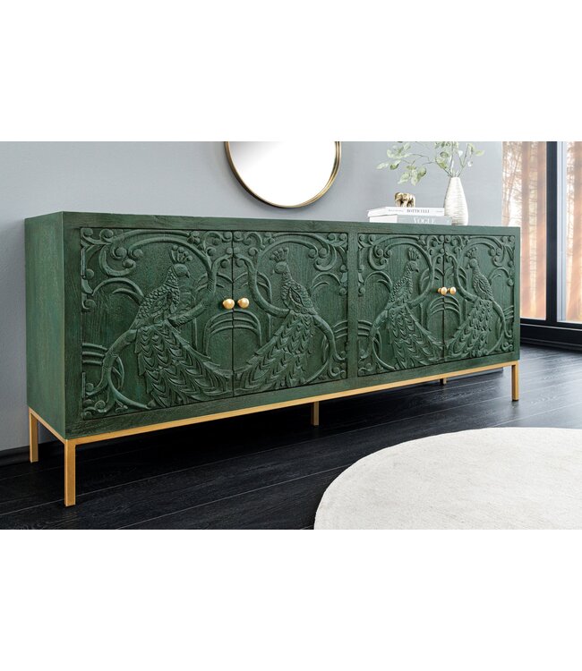 Invicta Interior Dressoir PEACOCK 175cm 3D mangohout antieke look donkergroen goud handgemaakt - 45791