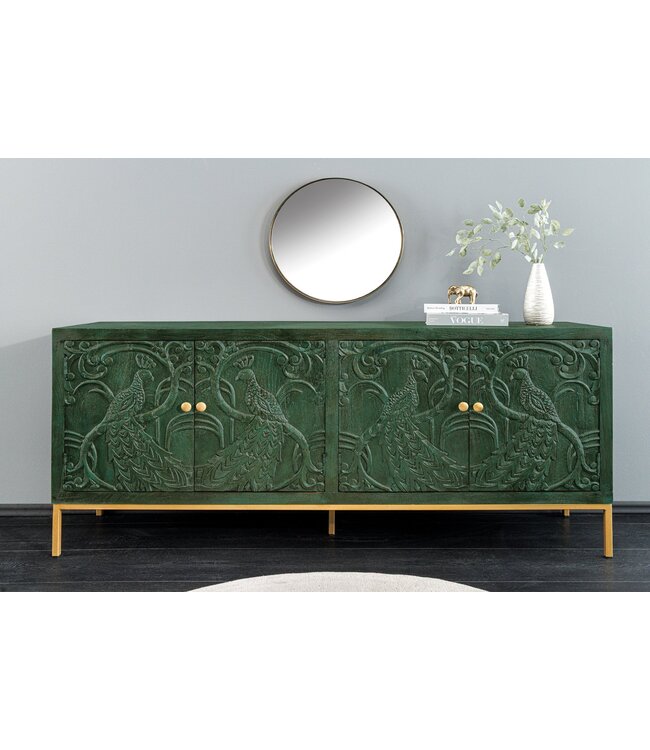 Invicta Interior Dressoir PEACOCK 175cm 3D mangohout antieke look donkergroen goud handgemaakt - 45791