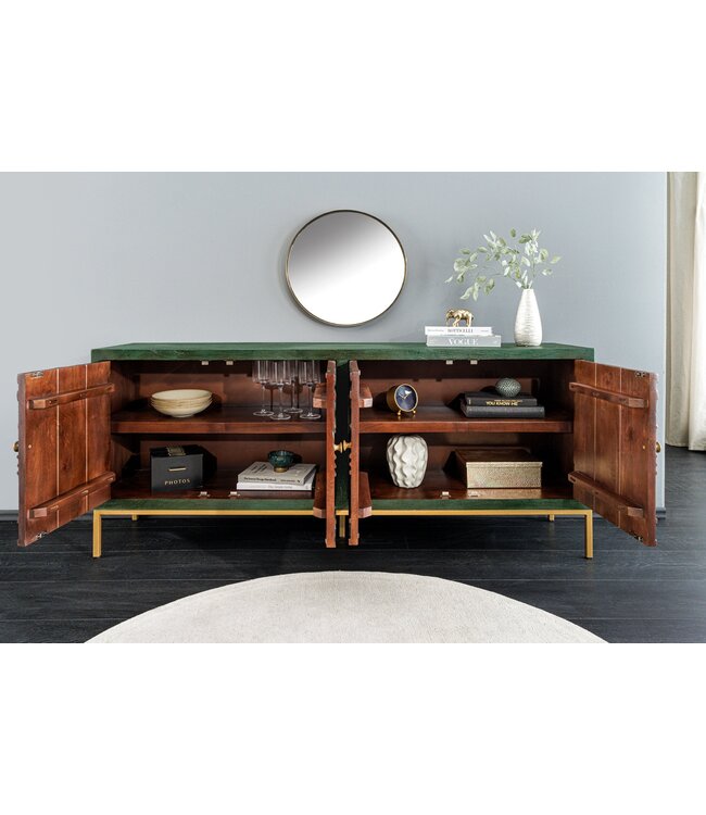 Invicta Interior Dressoir PEACOCK 175cm 3D mangohout antieke look donkergroen goud handgemaakt - 45791