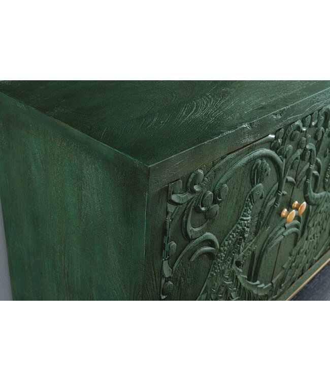 Invicta Interior Dressoir PEACOCK 175cm 3D mangohout antieke look donkergroen goud handgemaakt - 45791