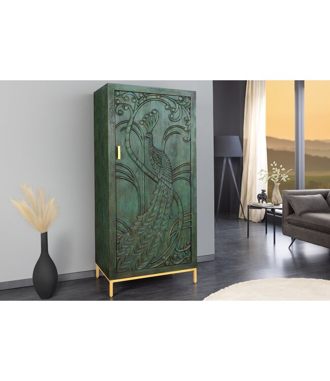 Invicta Interior Highboard PEACOCK 170cm 3D mangohout antieke look donkergroen goud handgemaakt - 45590