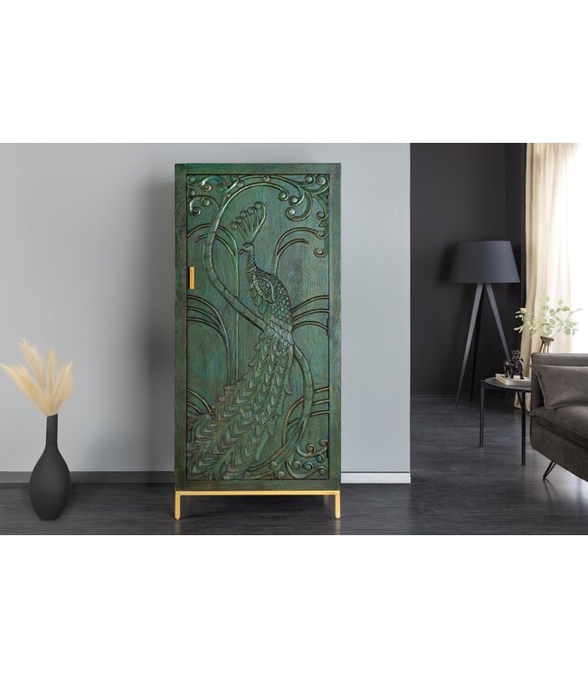 Invicta Interior Highboard PEACOCK 170cm 3D mangohout antieke look donkergroen goud handgemaakt - 45590