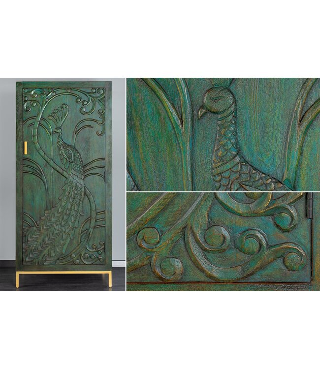 Invicta Interior Highboard PEACOCK 170cm 3D mangohout antieke look donkergroen goud handgemaakt - 45590