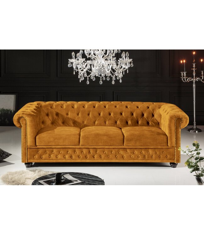 Invicta Interior Bank CHESTERFIELD 205 cm met binnenvering, 3-zits, fluweel, mosterdgeel - 47032