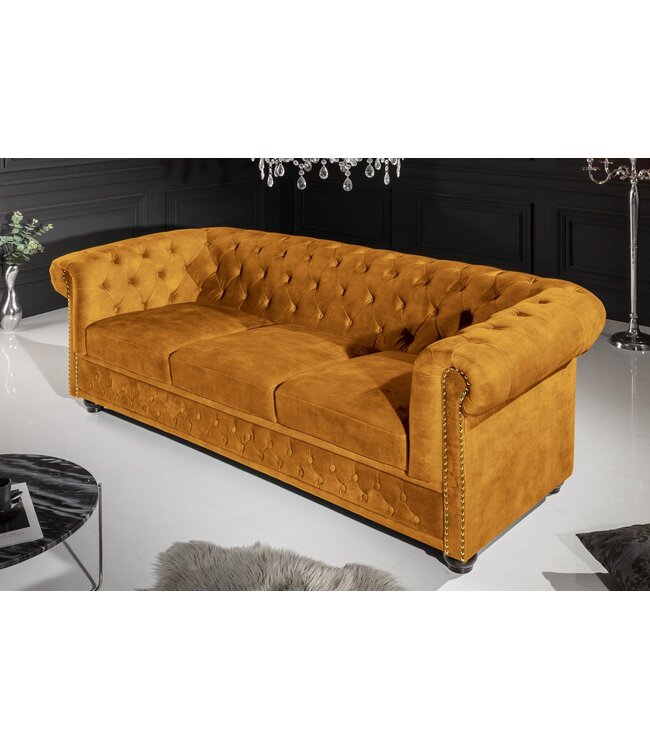 Invicta Interior Bank CHESTERFIELD 205 cm met binnenvering, 3-zits, fluweel, mosterdgeel - 47032