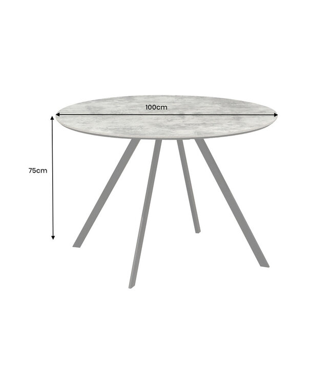 Invicta Interior Eettafel ATELIER 100 cm rond, grijze steenlook met zwarte metalen poten - 46569