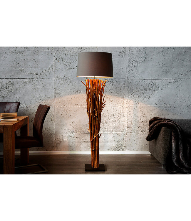 Invicta Interior Vloerlamp EUPHORIA 175 cm met grijsbruine linnen kap in drijfhoutkleur. - 19472