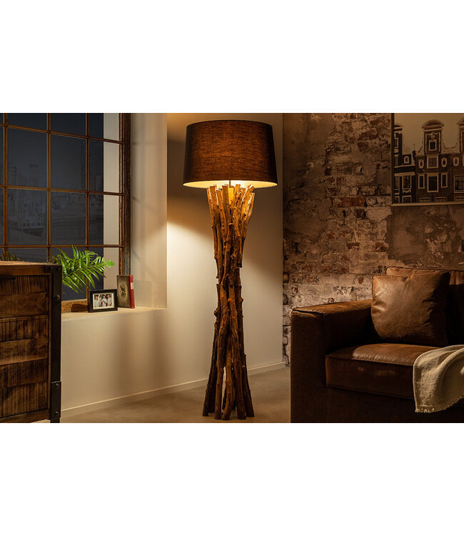 Invicta Interior Vloerlamp HARMONY NATURE 150 cm teakhouten linnen kap zwart - 41386