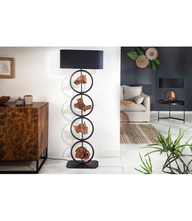 Invicta Interior Vloerlamp ELEMENTS 150 cm, elementen van gerecycled acaciahout met zwarte katoenen kap - 40398