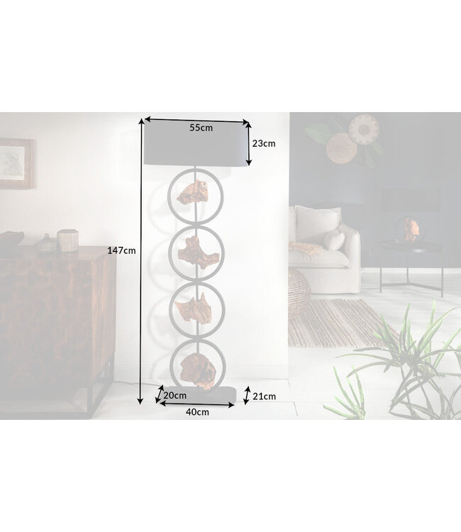 Invicta Interior Vloerlamp ELEMENTS 150 cm, elementen van gerecycled acaciahout met zwarte katoenen kap - 40398
