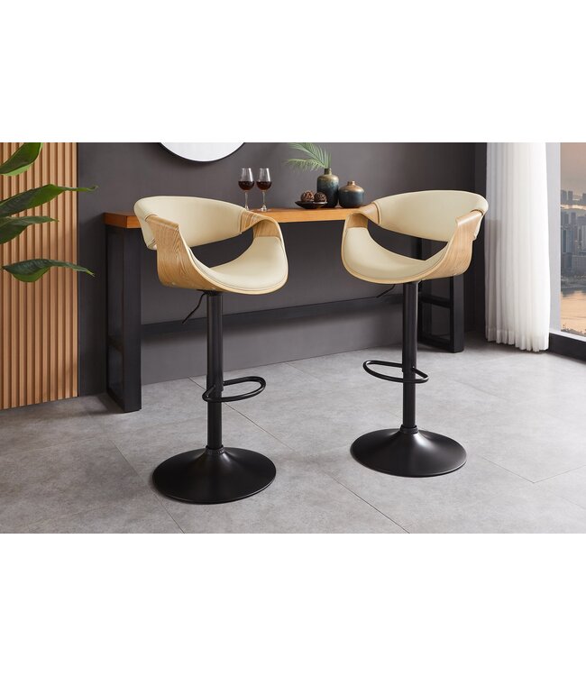 Invicta Interior Barkruk ORGANIC 89-100 cm, draaibaar met armleuningen, kunstleer in crèmekleurig beige met eikenhoutlook - 47715