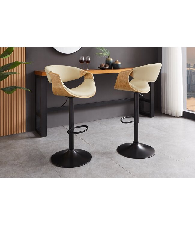 Invicta Interior Barkruk ORGANIC 89-100 cm, draaibaar met armleuningen, kunstleer in crèmekleurig beige met eikenhoutlook - 47715