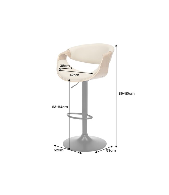 Invicta Interior Barkruk ORGANIC 89-100 cm, draaibaar met armleuningen, kunstleer in crèmekleurig beige met eikenhoutlook - 47715