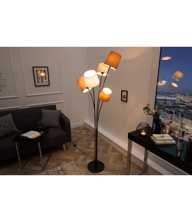 Invicta Interior Vloerlamp LEVELS 176 cm 5 linnen kappen wit beige bruin - 39059