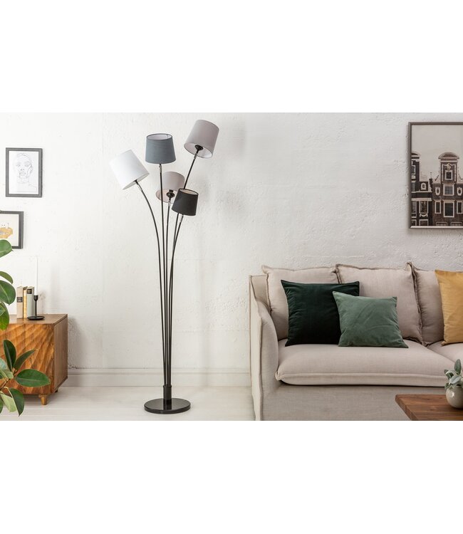 Invicta Interior Vloerlamp LEVELS 176 cm 5 linnen lampenkappen zwart grijs wit - 40745