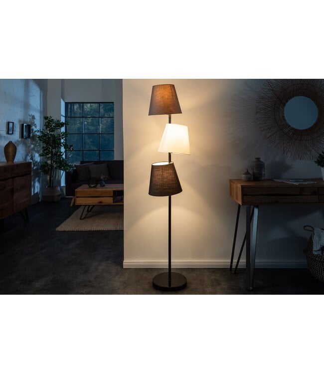 Invicta Interior Vloerlamp LEVELS 163 cm 3 linnen kappen zwart grijs wit - 39674
