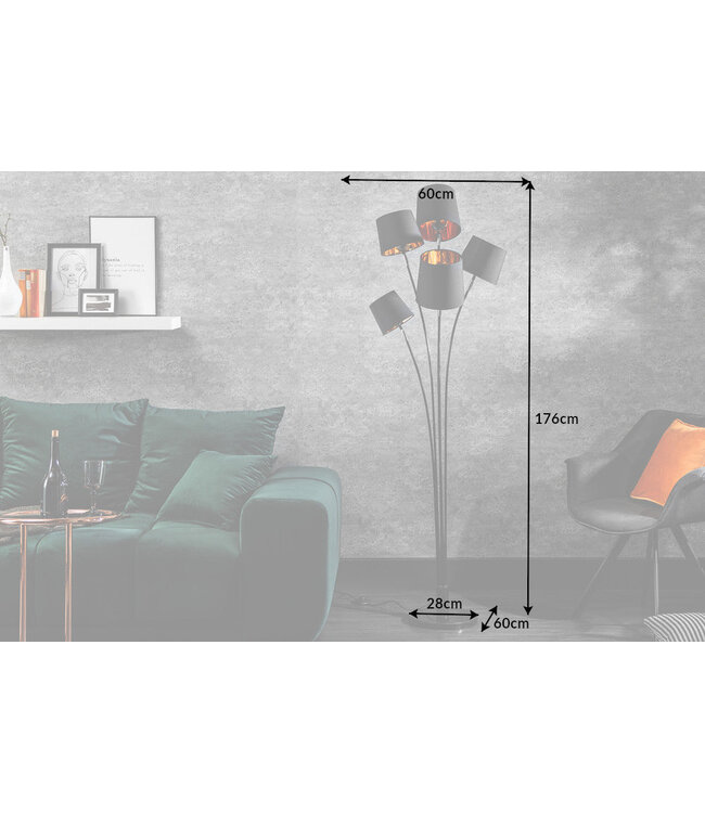 Invicta Interior Vloerlamp LEVELS 175 cm 5 linnen kappen zwart goud - 40038