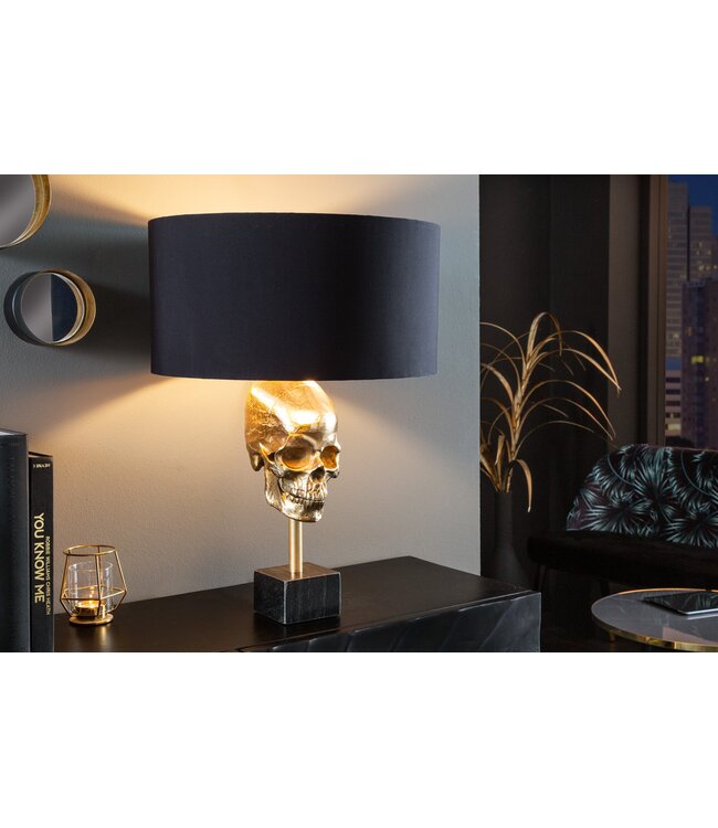Invicta Interior Tafellamp SKULL 56cm goudkleurige katoenen kap zwart - 41529