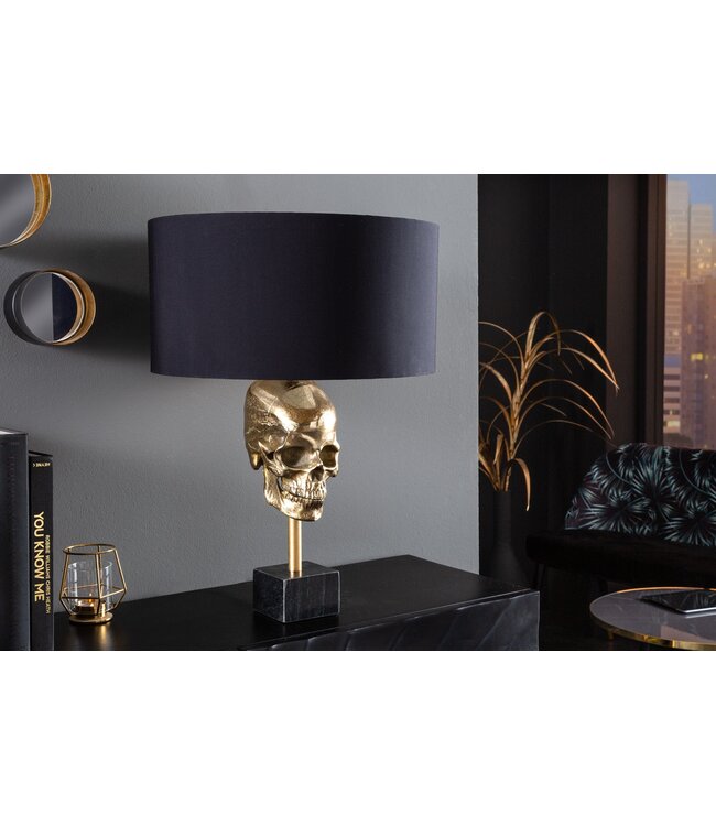 Invicta Interior Tafellamp SKULL 56cm goudkleurige katoenen kap zwart - 41529