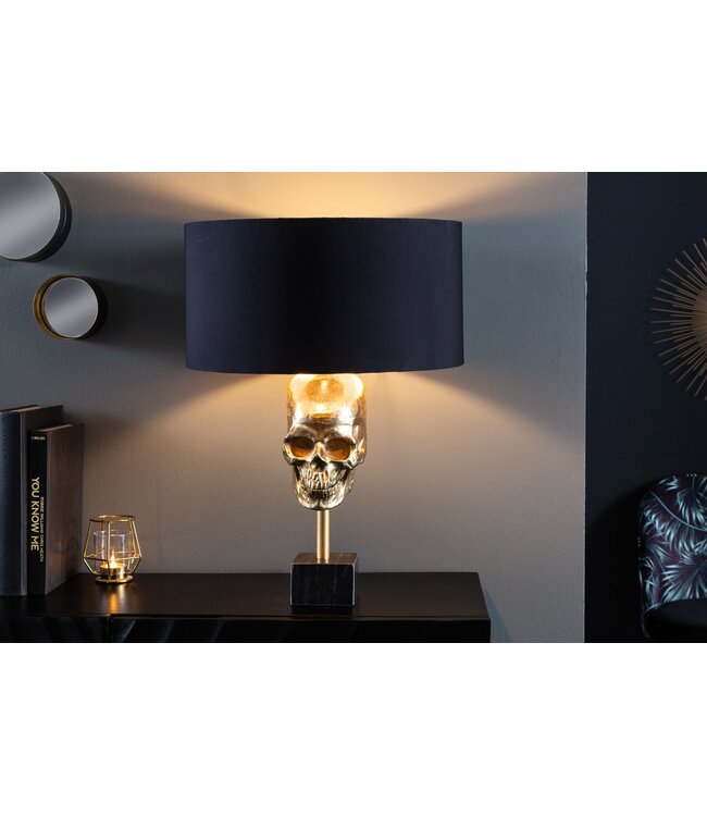 Invicta Interior Tafellamp SKULL 56cm goudkleurige katoenen kap zwart - 41529