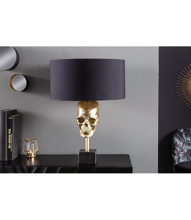 Invicta Interior Tafellamp SKULL 56cm goudkleurige katoenen kap zwart - 41529