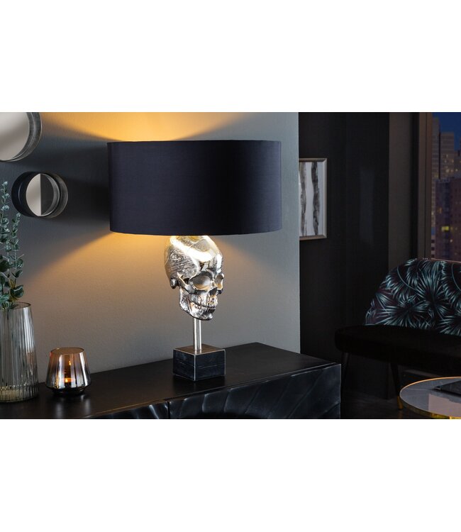 Invicta Interior Tafellamp SKULL 56cm zilverkleurige katoenen kap zwart - 41528