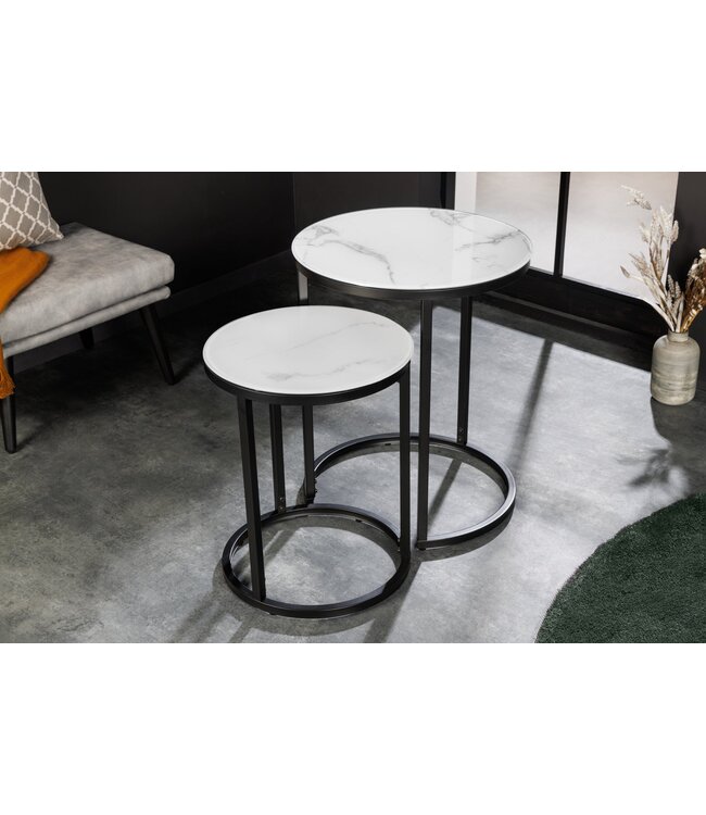 Invicta Interior Bijzettafel ELEGANCE Ø 50-60cm rond set van 2 marmerlook wit met zwart frame - 42178