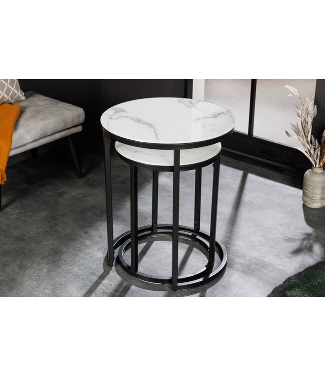 Invicta Interior Bijzettafel ELEGANCE Ø 50-60cm rond set van 2 marmerlook wit met zwart frame - 42178