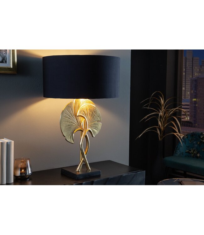Invicta Interior Tafellamp GINKGO 62 cm met gouden katoenen kap en zwarte kap - 41530