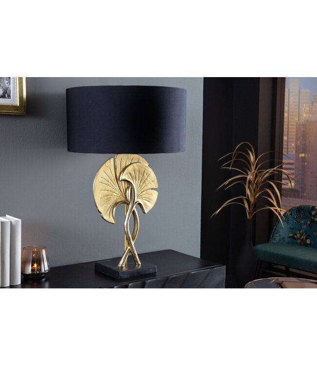 Invicta Interior Tafellamp GINKGO 62 cm met gouden katoenen kap en zwarte kap - 41530