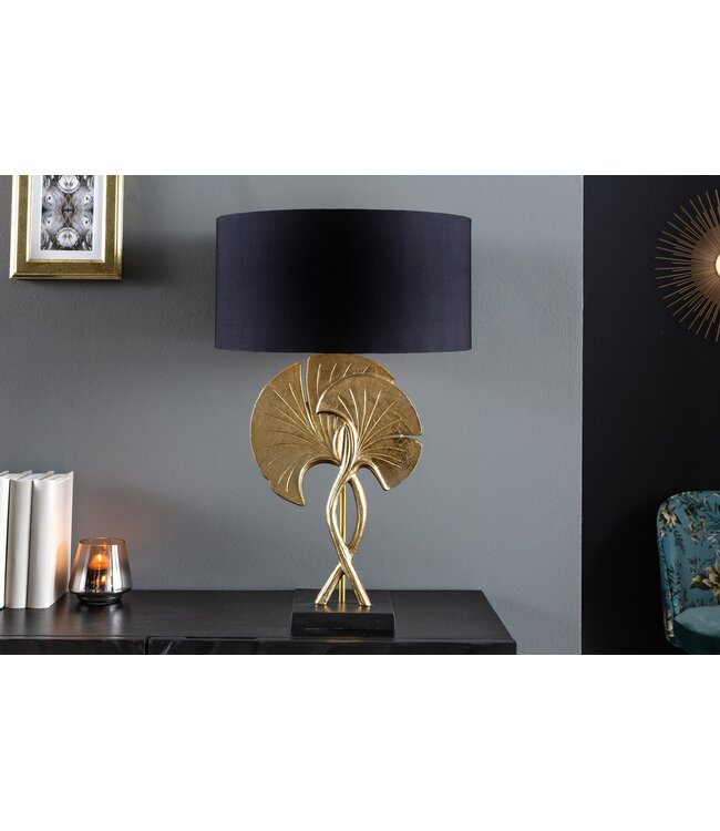 Invicta Interior Tafellamp GINKGO 62 cm met gouden katoenen kap en zwarte kap - 41530