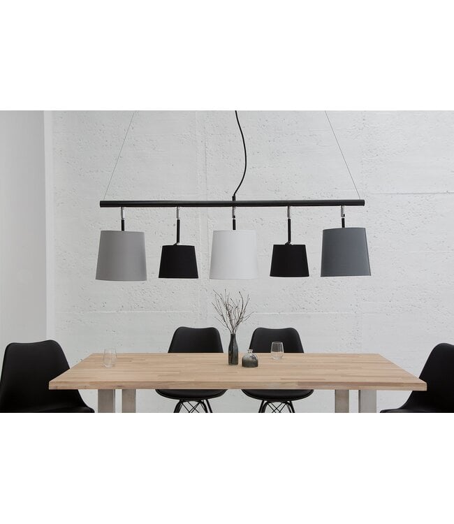 Invicta Interior Hanglamp LEVELS 100cm 5 linnen kappen zwart grijs wit - 37741