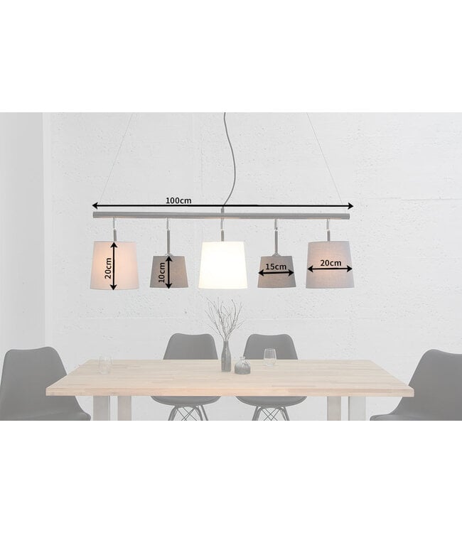 Invicta Interior Hanglamp LEVELS 100cm 5 linnen kappen zwart grijs wit - 37741