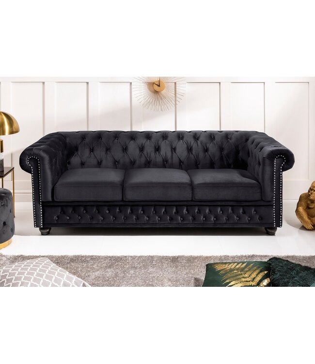 Invicta Interior Bank CHESTERFIELD 205 cm, binnenvering, 3-zits, fluweel, zwart - 47033