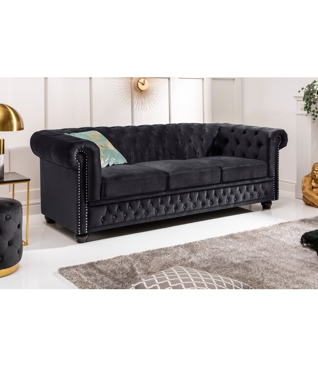 Invicta Interior Bank CHESTERFIELD 205 cm, binnenvering, 3-zits, fluweel, zwart - 47033