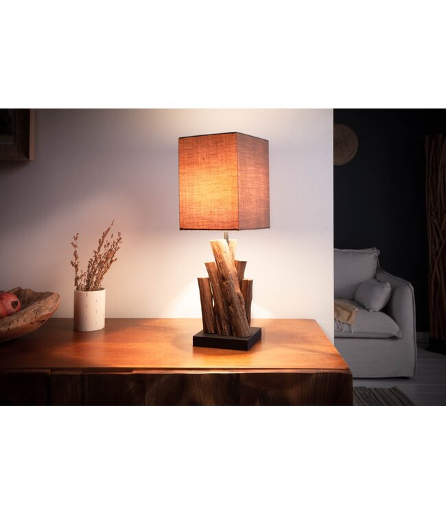 Invicta Interior Tafellamp PURE NATURE 45 cm, gemaakt van gerecycled ijzerhout met een bruine katoenen kap. - 40402