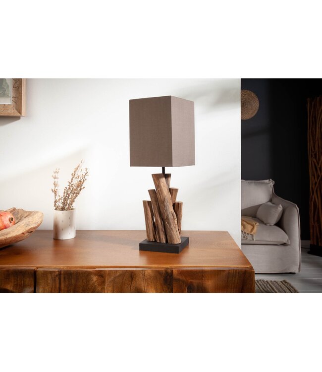 Invicta Interior Tafellamp PURE NATURE 45 cm, gemaakt van gerecycled ijzerhout met een bruine katoenen kap. - 40402