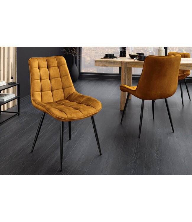 Invicta Interior Stoel ROADSTAR van fluweel in mosterdgeel met zwarte metalen poten - 47485