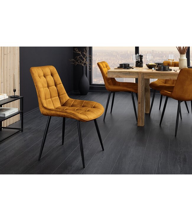 Invicta Interior Stoel ROADSTAR van fluweel in mosterdgeel met zwarte metalen poten - 47485