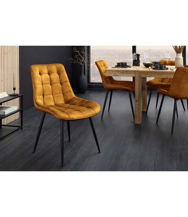 Invicta Interior Stoel ROADSTAR van fluweel in mosterdgeel met zwarte metalen poten - 47485