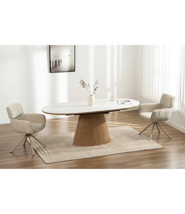 Invicta Interior UNIEKE eettafel van 160-200 cm, uitschuifbaar, gemaakt van gelakt eikenhout met een blad van wit keramisch marmer. - 47658